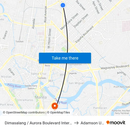 Dimasalang / Aurora Boulevard Intersection, Quezon City to Adamson University map