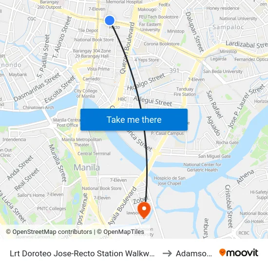 Lrt Doroteo Jose-Recto Station Walkway / Rizal Avenue Intersection, Manila to Adamson University map