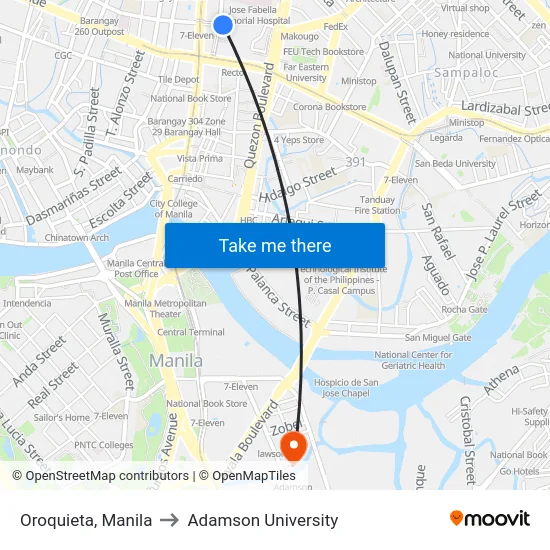 Oroquieta, Manila to Adamson University map