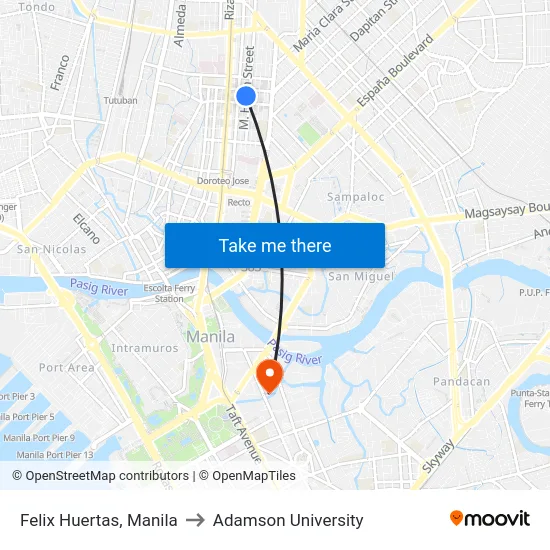 Felix Huertas, Manila to Adamson University map