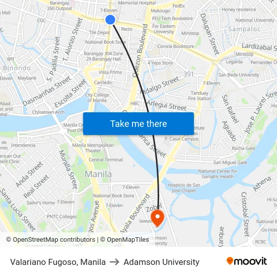 Valariano Fugoso, Manila to Adamson University map