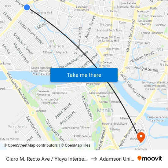 Claro M. Recto Ave / Ylaya Intersection, Manila to Adamson University map
