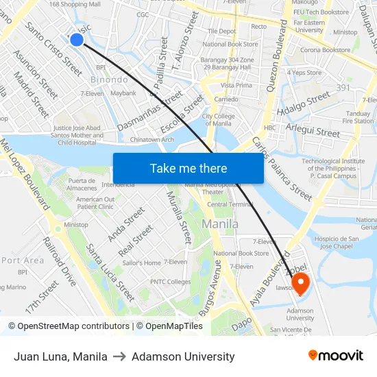 Juan Luna, Manila to Adamson University map
