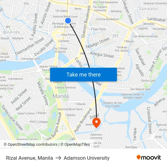 Rizal Avenue, Manila to Adamson University map