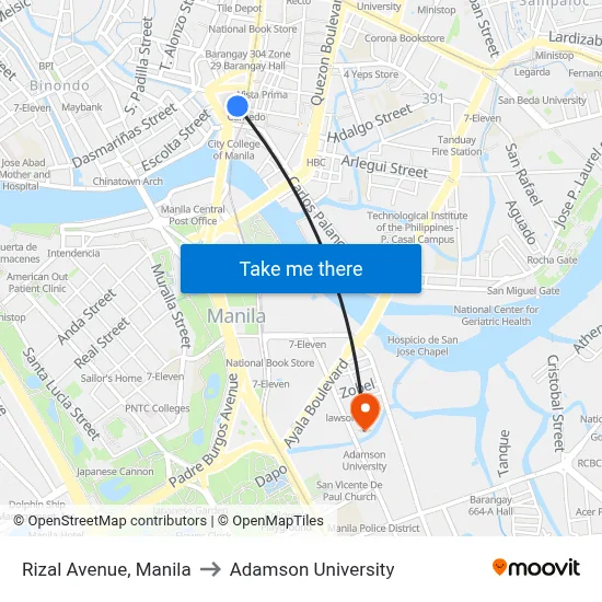 Rizal Avenue, Manila to Adamson University map