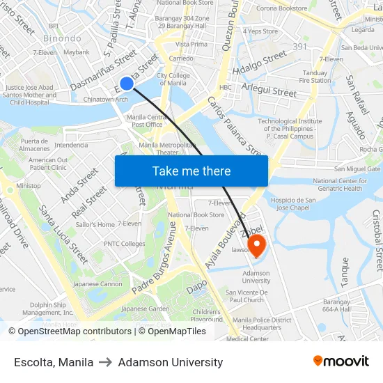 Escolta, Manila to Adamson University map
