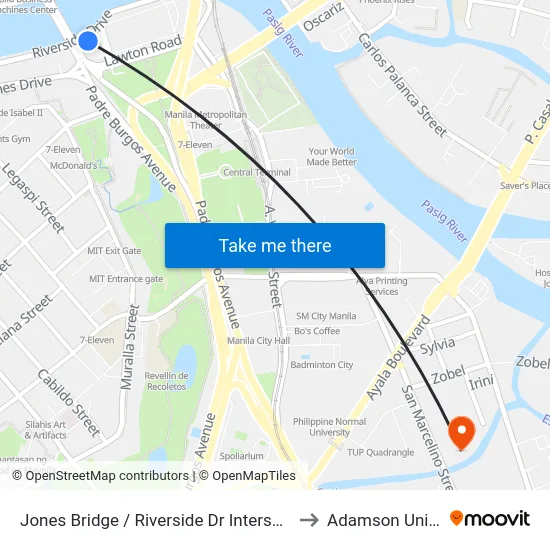 Jones Bridge / Riverside Dr Intersection, Manila to Adamson University map