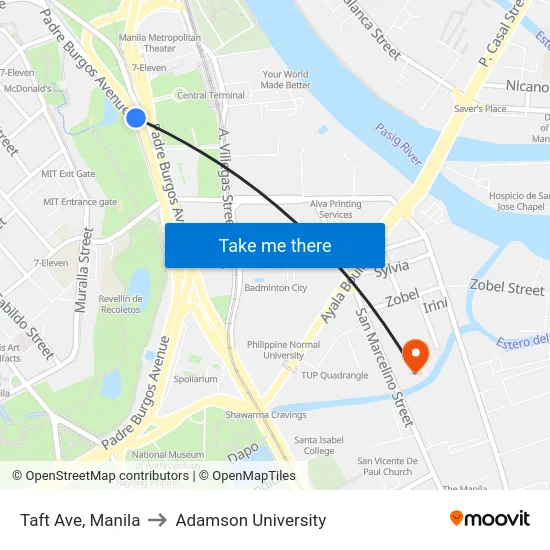 Taft Ave, Manila to Adamson University map