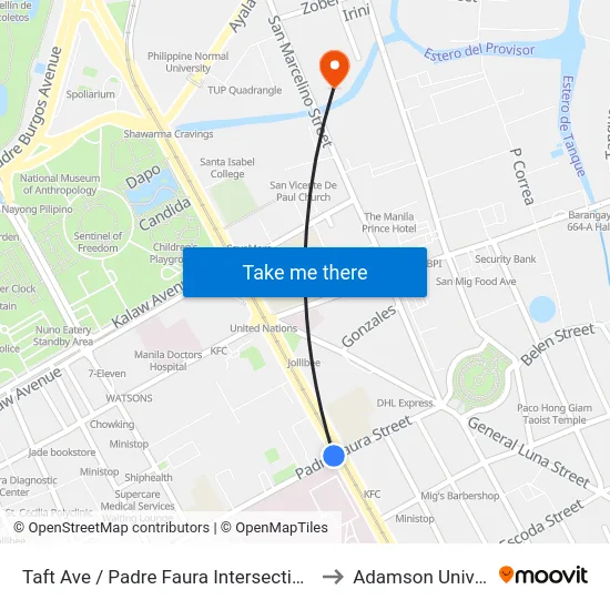 Taft Ave / Padre Faura Intersection, Manila to Adamson University map