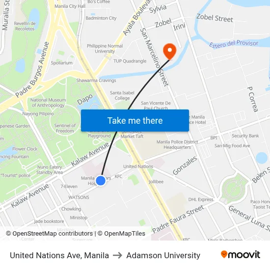 United Nations Ave, Manila to Adamson University map