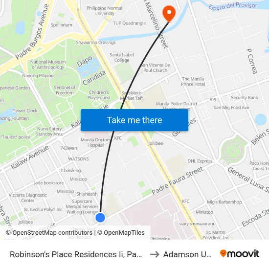 Robinson's Place Residences Ii, Padre Faura, Manila to Adamson University map