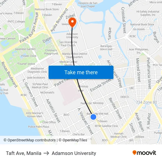 Taft Ave, Manila to Adamson University map
