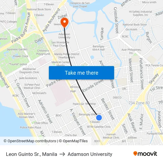 Leon Guinto Sr., Manila to Adamson University map