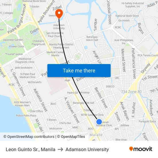 Leon Guinto Sr., Manila to Adamson University map