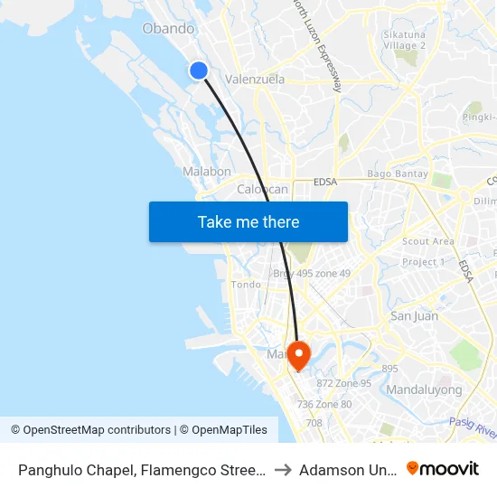 Panghulo Chapel, Flamengco Street, Malabon City to Adamson University map