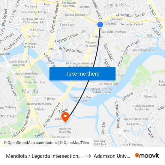 Mendiola / Legarda Intersection, Manila to Adamson University map
