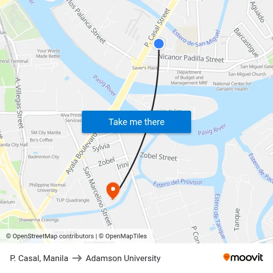 P. Casal, Manila to Adamson University map
