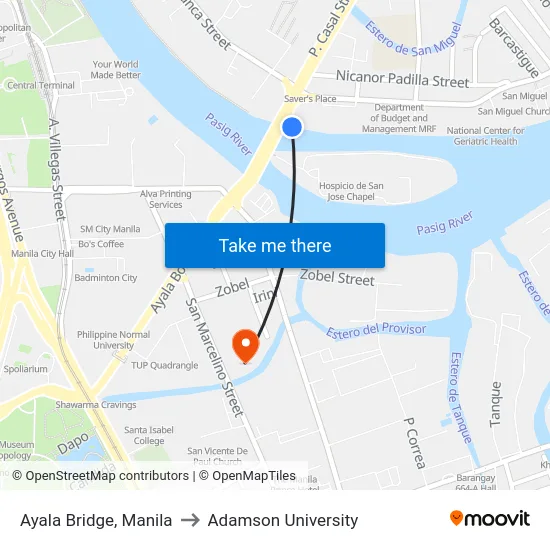Ayala Bridge, Manila to Adamson University map