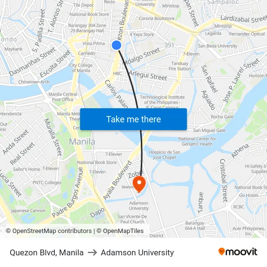 Quezon Blvd, Manila to Adamson University map
