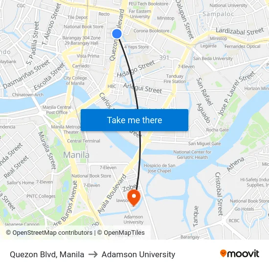 Quezon Blvd, Manila to Adamson University map