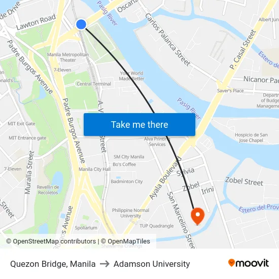Quezon Bridge, Manila to Adamson University map