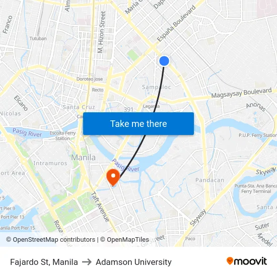 Fajardo St, Manila to Adamson University map