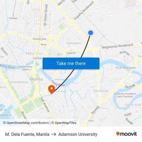 M. Dela Fuente, Manila to Adamson University map
