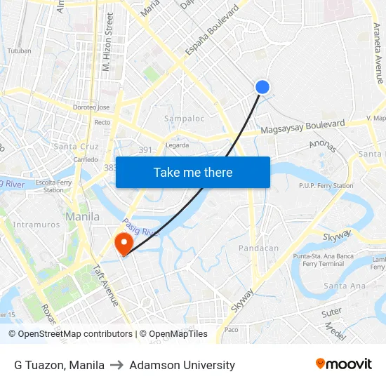 G Tuazon, Manila to Adamson University map