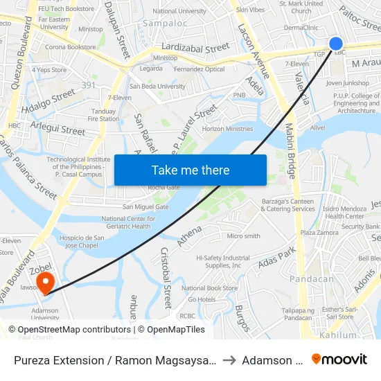 Pureza Extension / Ramon Magsaysay Blvd Intersection, Manila to Adamson University map