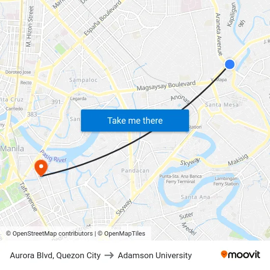 Aurora Blvd, Quezon City to Adamson University map