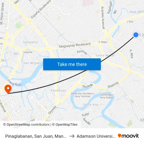 Pinaglabanan, San Juan, Manila to Adamson University map