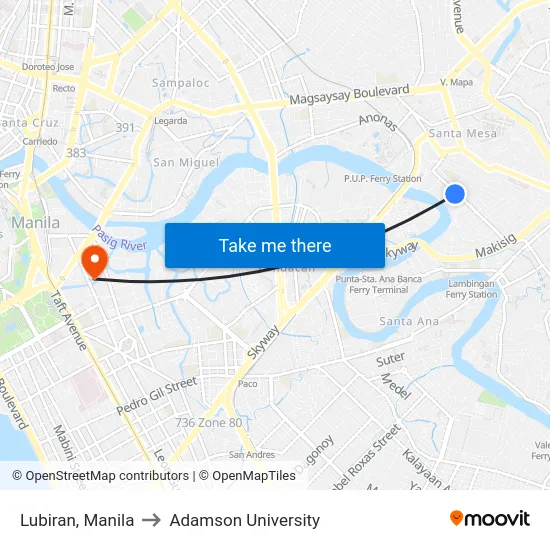 Lubiran, Manila to Adamson University map