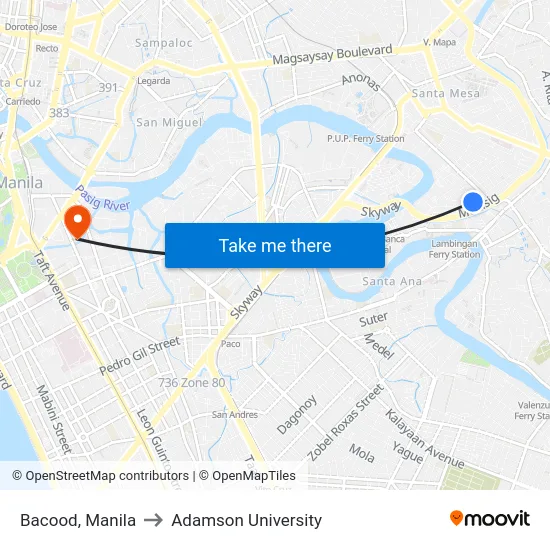 Bacood, Manila to Adamson University map