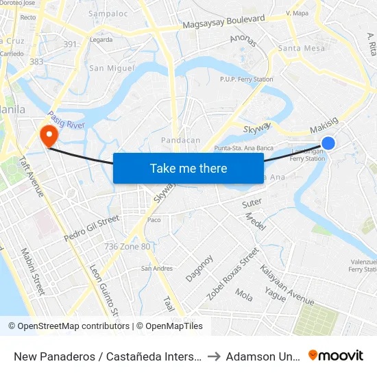 New Panaderos / Castañeda Intersection, Manila to Adamson University map