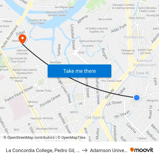 La Concordia College, Pedro Gil, Manila to Adamson University map