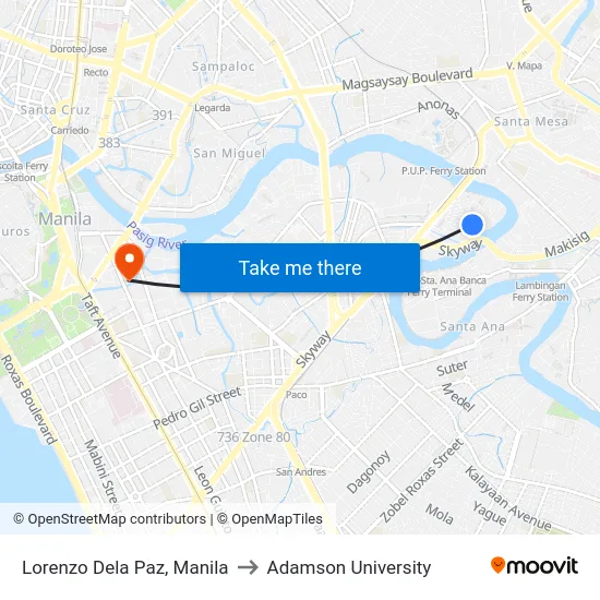 Lorenzo Dela Paz, Manila to Adamson University map