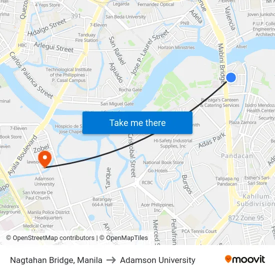 Nagtahan Bridge, Manila to Adamson University map