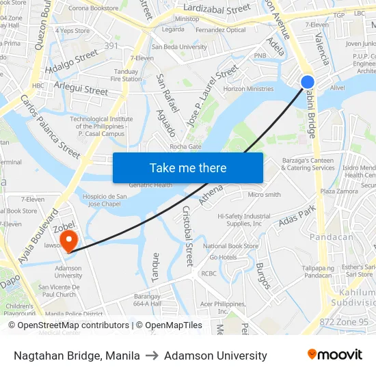 Nagtahan Bridge, Manila to Adamson University map