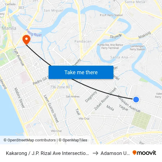 Kakarong / J.P. Rizal Ave Intersection, Makati City, Manila to Adamson University map