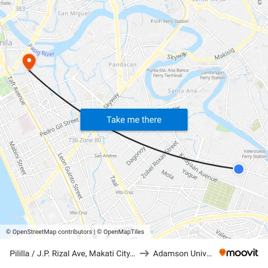 Pililla / J.P. Rizal Ave, Makati City, Manila to Adamson University map