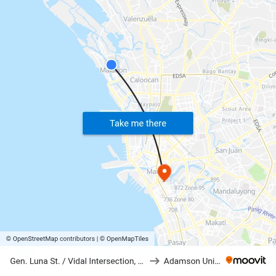 Gen. Luna St. / Vidal Intersection, Malabon City to Adamson University map