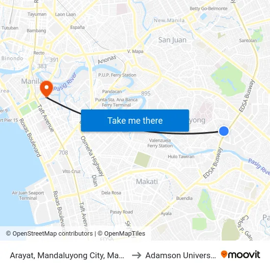 Arayat, Mandaluyong City, Manila to Adamson University map