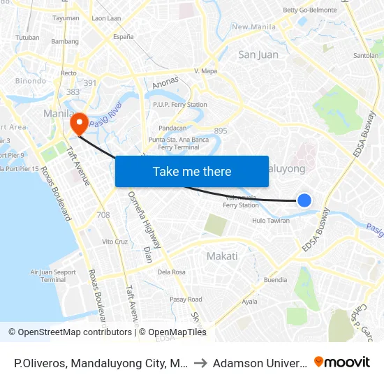 P.Oliveros, Mandaluyong City, Manila to Adamson University map