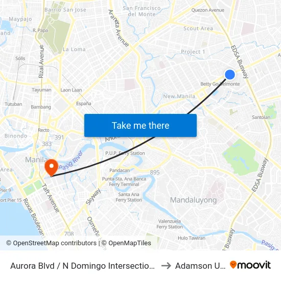 Aurora Blvd / N Domingo Intersection, Quezon City, Manila to Adamson University map