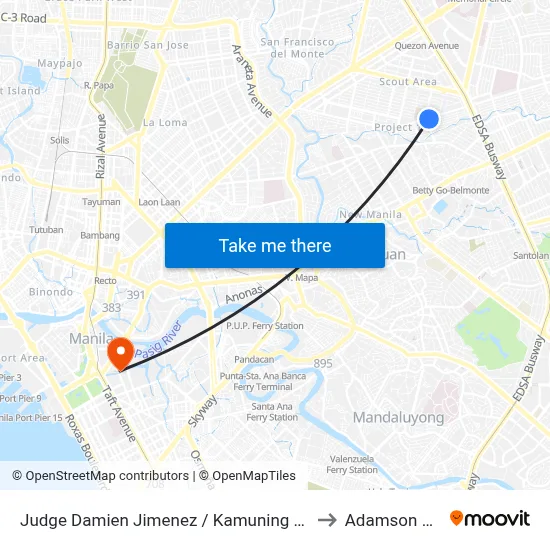 Judge Damien Jimenez / Kamuning Rd, Quezon City, Manila to Adamson University map
