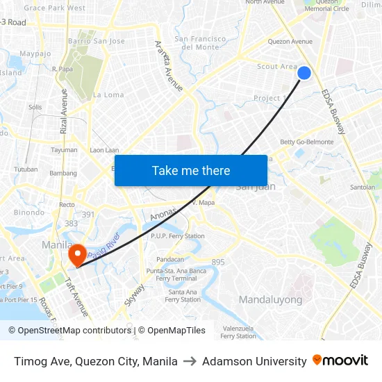 Timog Ave, Quezon City, Manila to Adamson University map