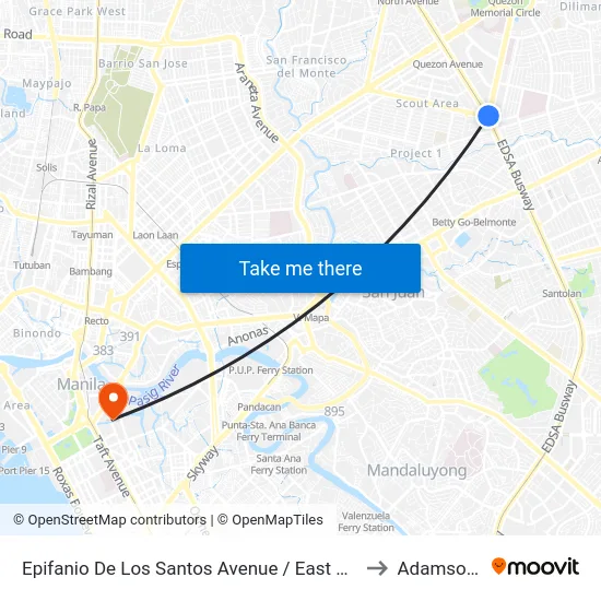 Epifanio De Los Santos Avenue / East Avenue Intersection, Quezon City, Manila to Adamson University map
