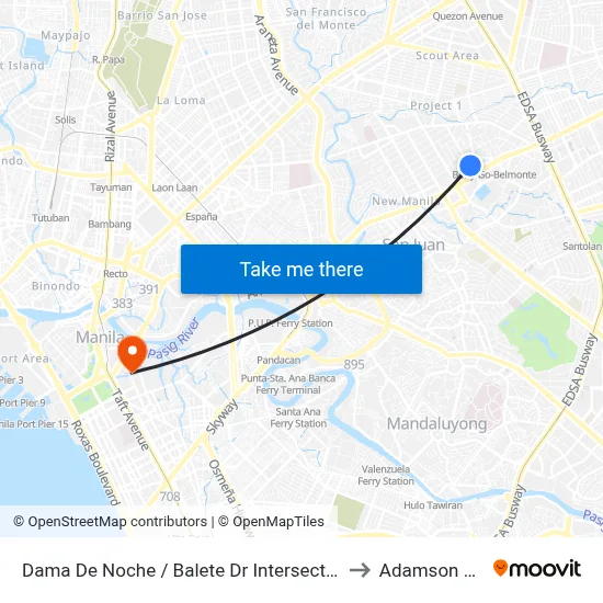 Dama De Noche / Balete Dr  Intersection, Quezon City, Manila to Adamson University map