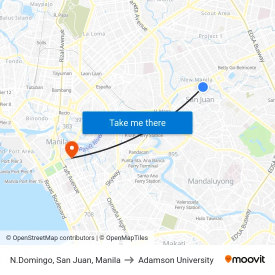 N.Domingo, San Juan, Manila to Adamson University map