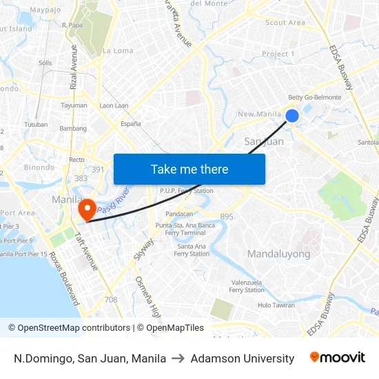 N.Domingo, San Juan, Manila to Adamson University map